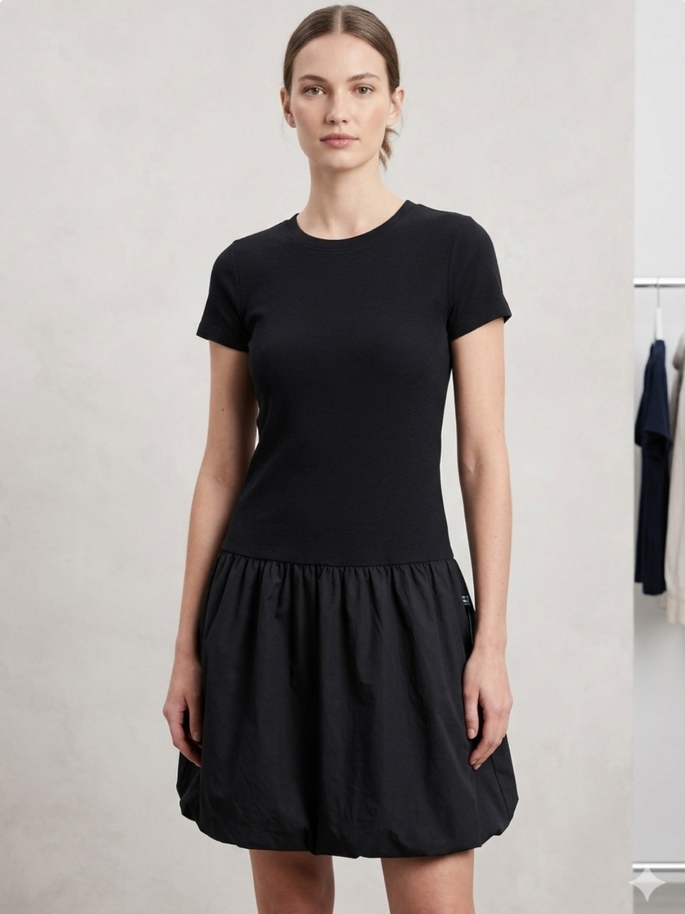 NWT Gap Modern Mixed Media Bubble Mini Dress (Size:M Tall) Black